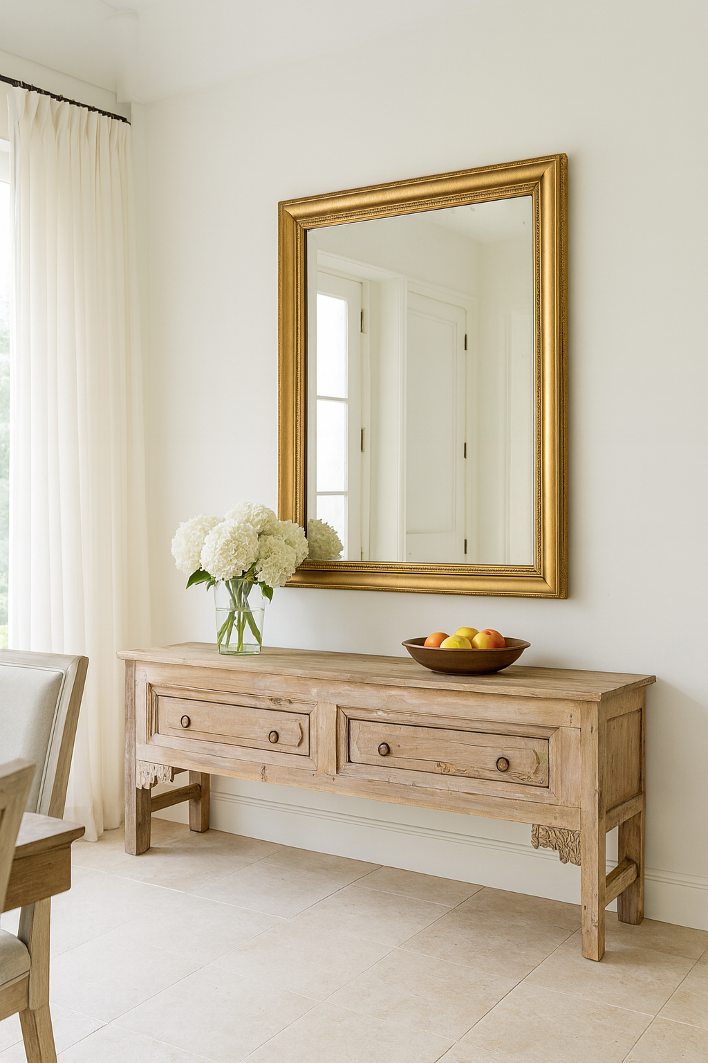 Lifestyle imagination of a teak wood console table with two drawers, carved leg details, and sanded reclaimed finish, 223 × 45 × 83 cm.