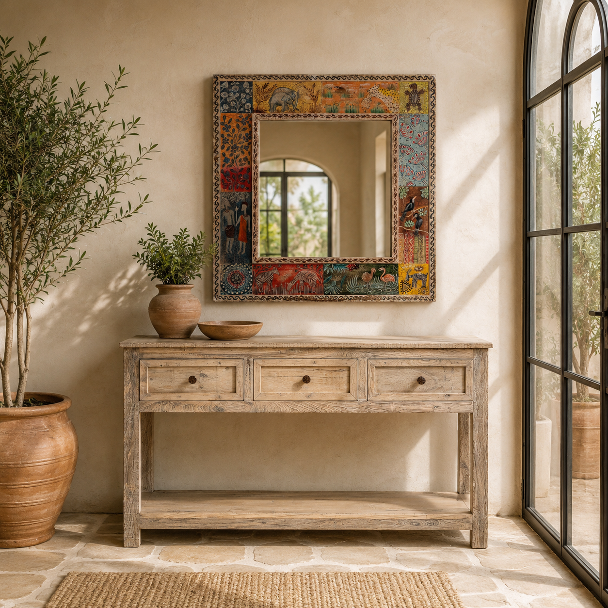 Lifestyle image of a Rudransh hand-painted reclaimed wood wall mirror featuring colourful Indian folk art panels with wildlife and botanical motifs, 90x90x5cm.