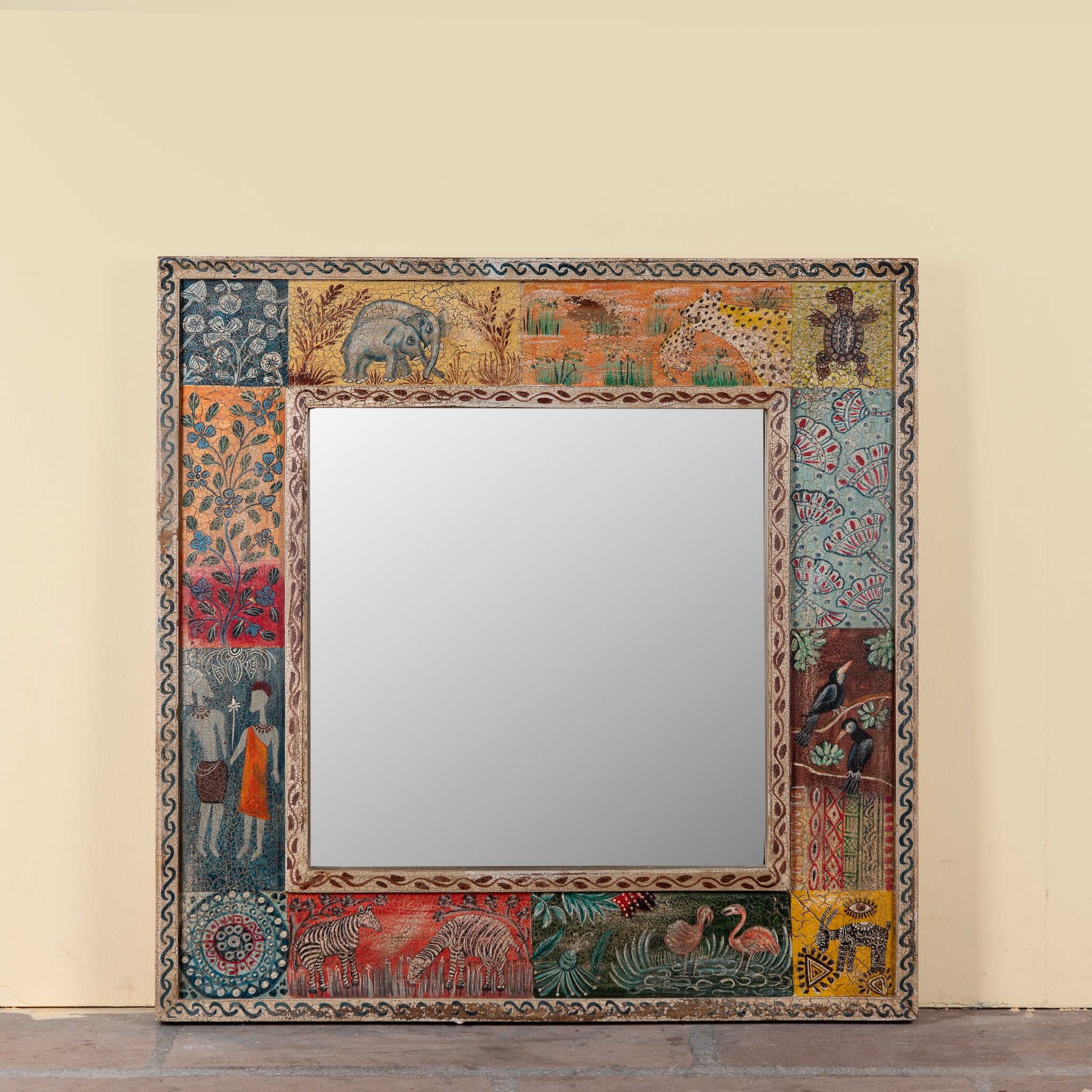 Rudransh hand-painted reclaimed wood wall mirror featuring colourful Indian folk art panels with wildlife and botanical motifs, 90x90x5cm.