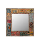 White background image of a Rudransh hand-painted reclaimed wood wall mirror featuring colourful Indian folk art panels with wildlife and botanical motifs, 90x90x5cm.