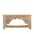 White background image of a Ruhan reclaimed teak wood console table with hand-carved Indian architectural front and open storage shelf 171cm