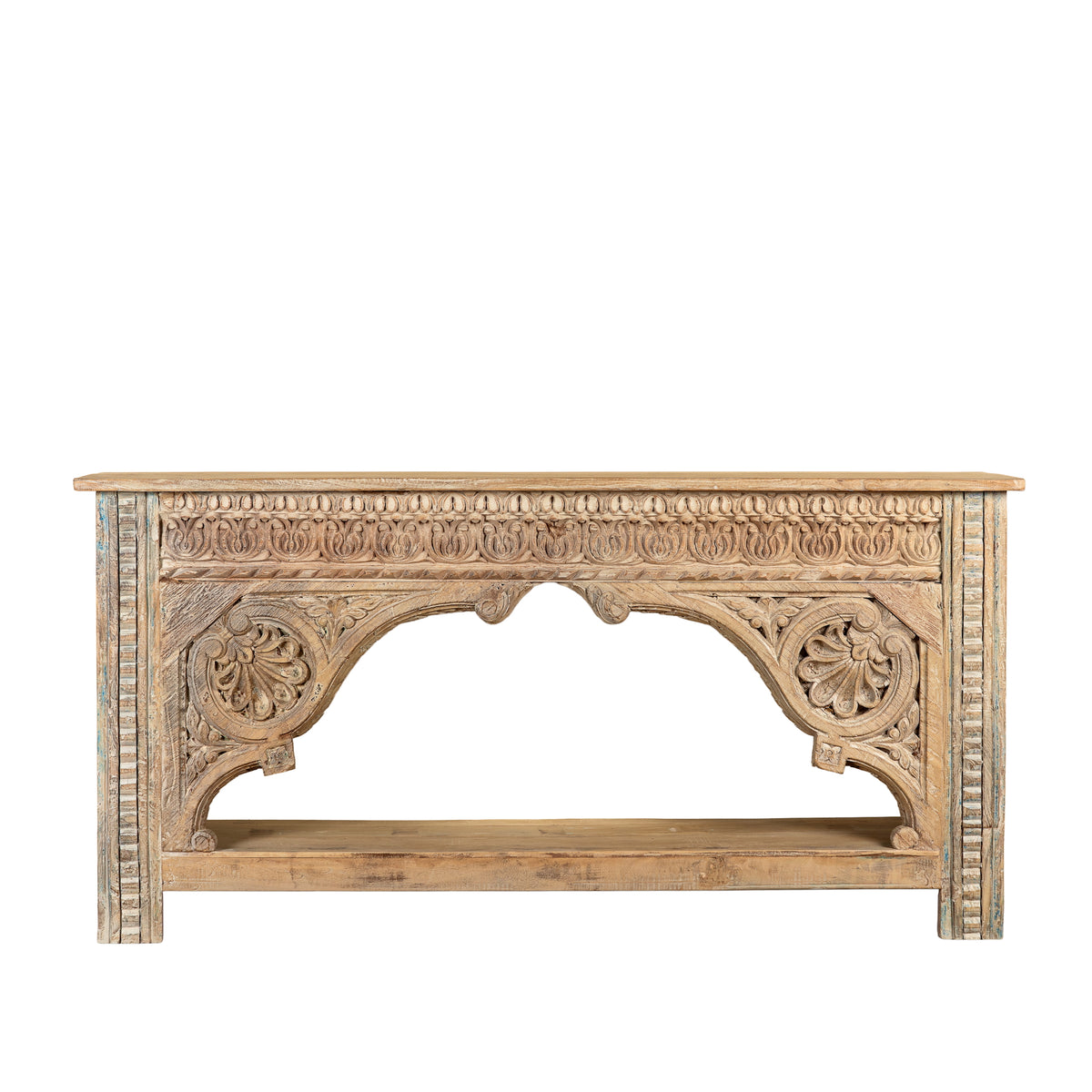 White background image of a Ruhan reclaimed teak wood console table with hand-carved Indian architectural front and open storage shelf 171cm
