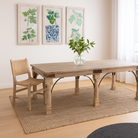 Lifestyle suggestion for a teak wood dining table with six hand-carved pillar legs; reclaimed Indian dining table, 180 × 90 × 75 cm.