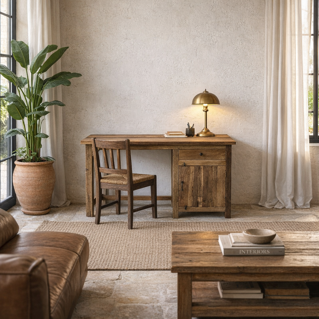 Lifestyle image of a rustic minimalist wooden desk made from reclaimed old wood with drawer and cabinet, 130 × 60 × 75 cm.