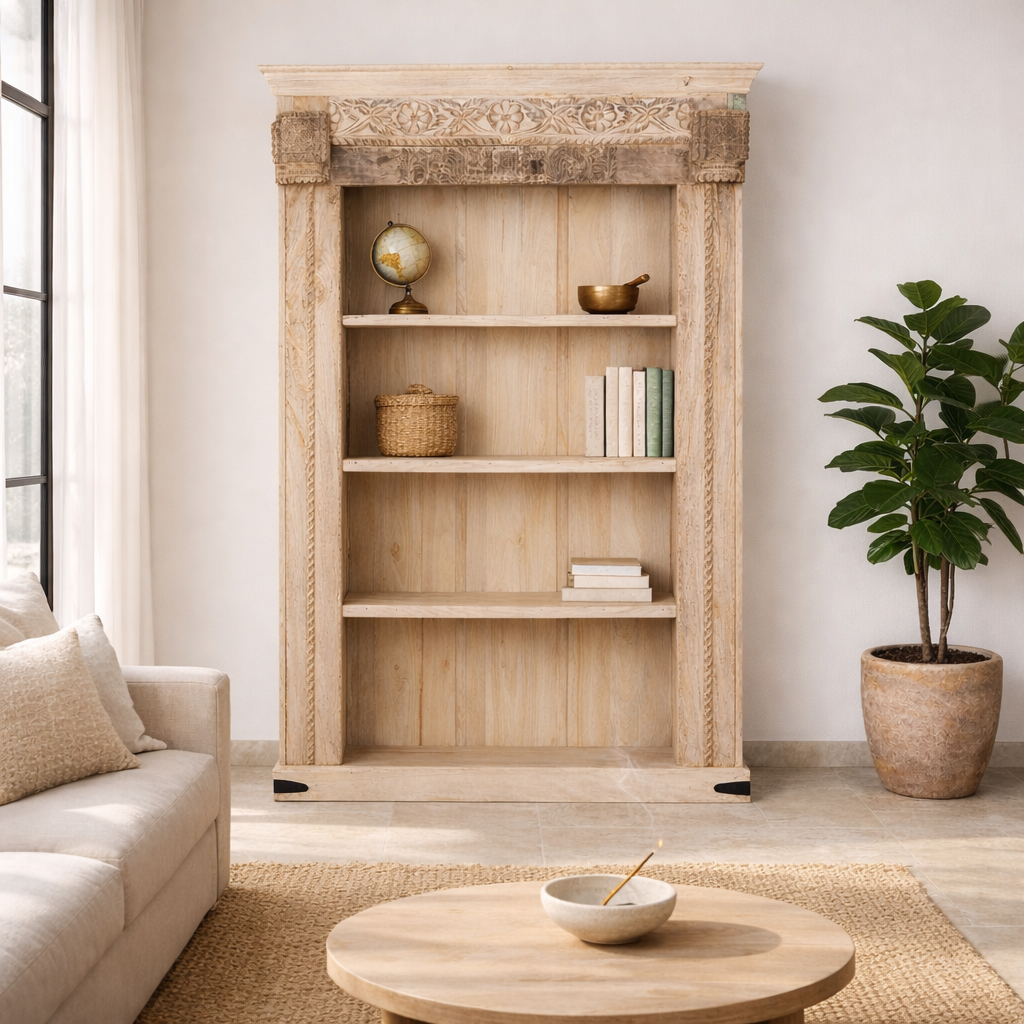 Lifestyle image of a hand-carved shelf made from reclaimed teak wood and mango wood, unique furniture with Ibiza-inspired finish, 150 × 208 × 52 cm.