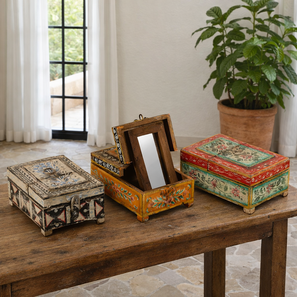 Lifestyle image of a hand-painted wooden jewellery box Manan with floral motifs and foldable mirror. A vintage home accessory and unique Indian decoration ideal for vintage home decor and storing jewellery or keepsakes.