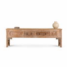 White background image of a Akhilesh carved console table made from reclaimed teak, a striking piece of unique wooden furniture.