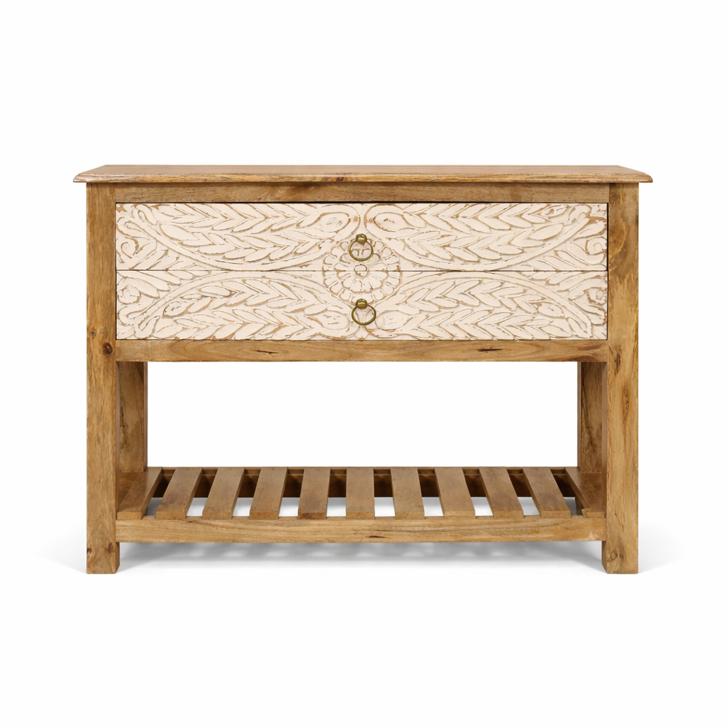 White background image of a white washed mango wood console table with floral hand-carved drawers and lower shoe shelf; rustic mango wood furniture, 90 × 40 × 75 cm.