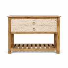 White background image of a white washed mango wood console table with floral hand-carved drawers and lower shoe shelf; rustic mango wood furniture, 90 × 40 × 75 cm.