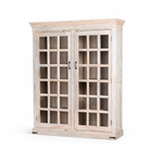 White background image of a tall reclaimed wood cabinet in sandblasted vintage design with glass-panelled doors; rustic living room furniture, 100 × 40 × 190 cm.
