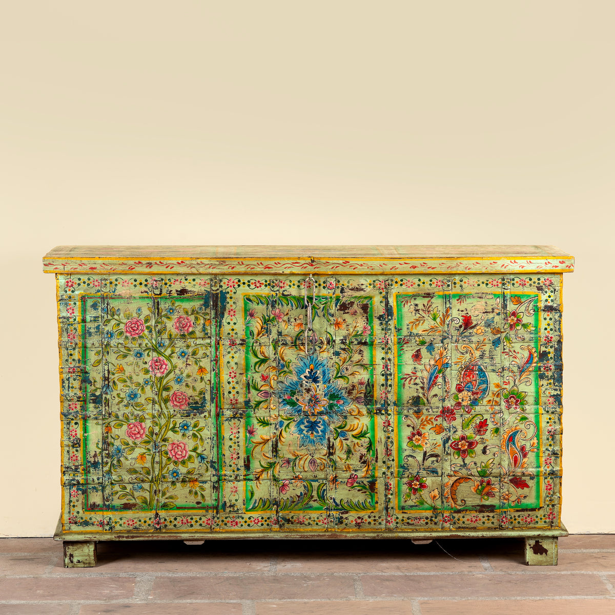 Ruturaj hand painted reclaimed Indian teak wood chest with colourful floral motifs and iron fittings 150cm