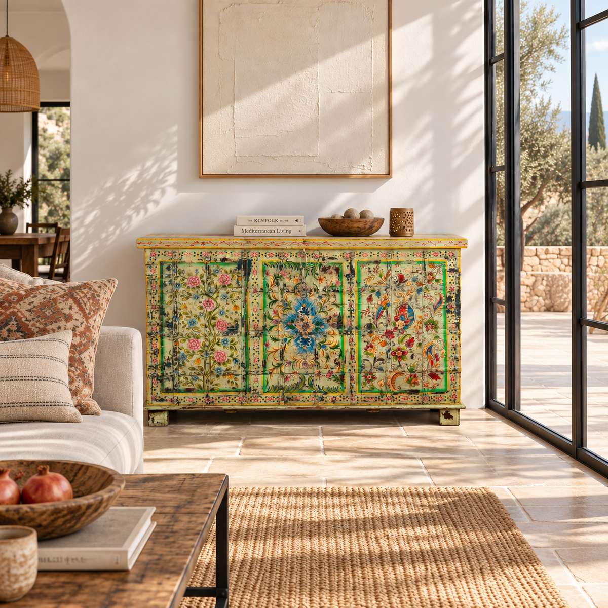 Lifestyle image of a Ruturaj hand painted reclaimed Indian teak wood chest with colourful floral motifs and iron fittings 150cm