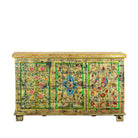 White background image of a Ruturaj hand painted reclaimed Indian teak wood chest with colourful floral motifs and iron fittings 150cm