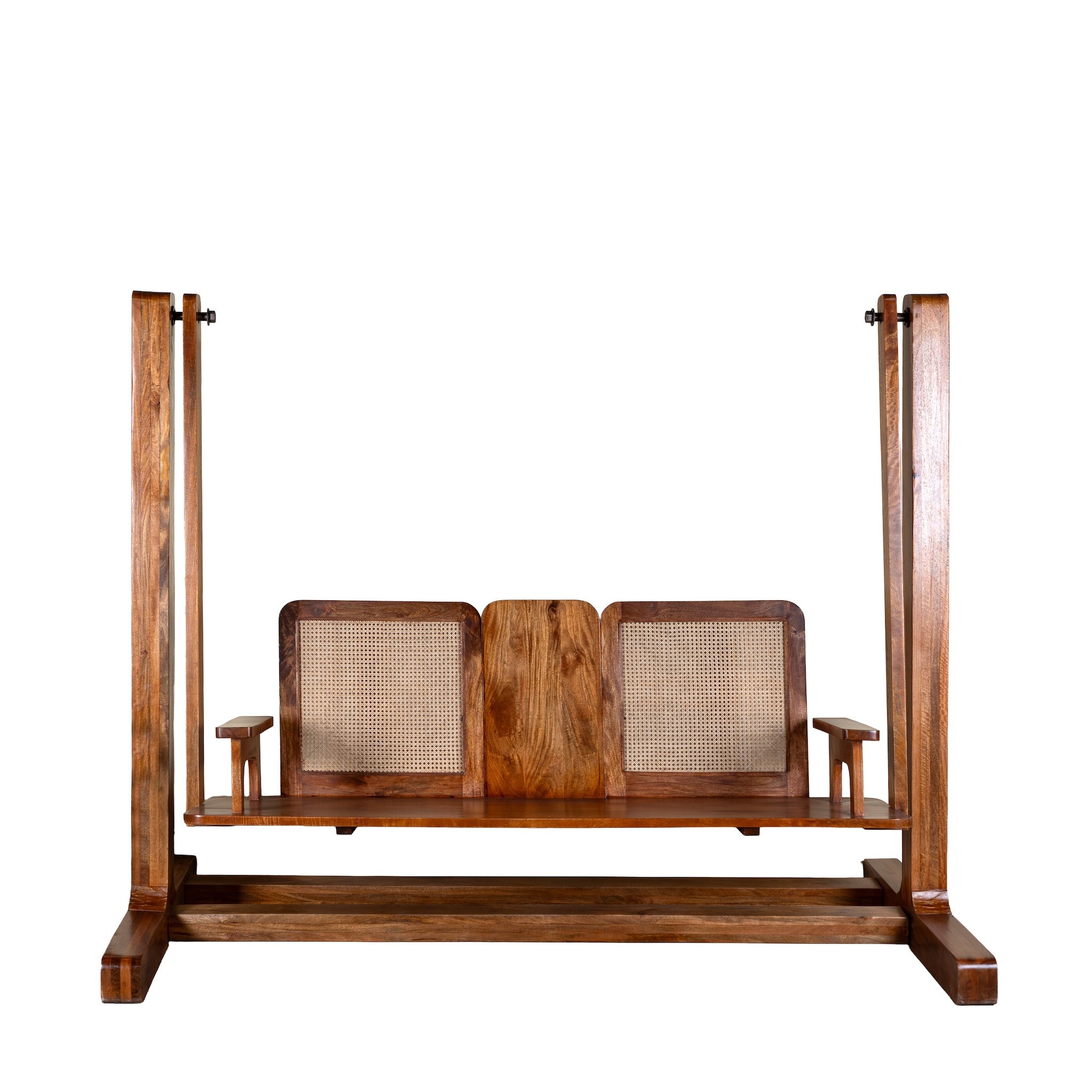 Wite background image of a Rutvi mango wood swing bench with stand, rattan backrests and folding coffee table, 237cm