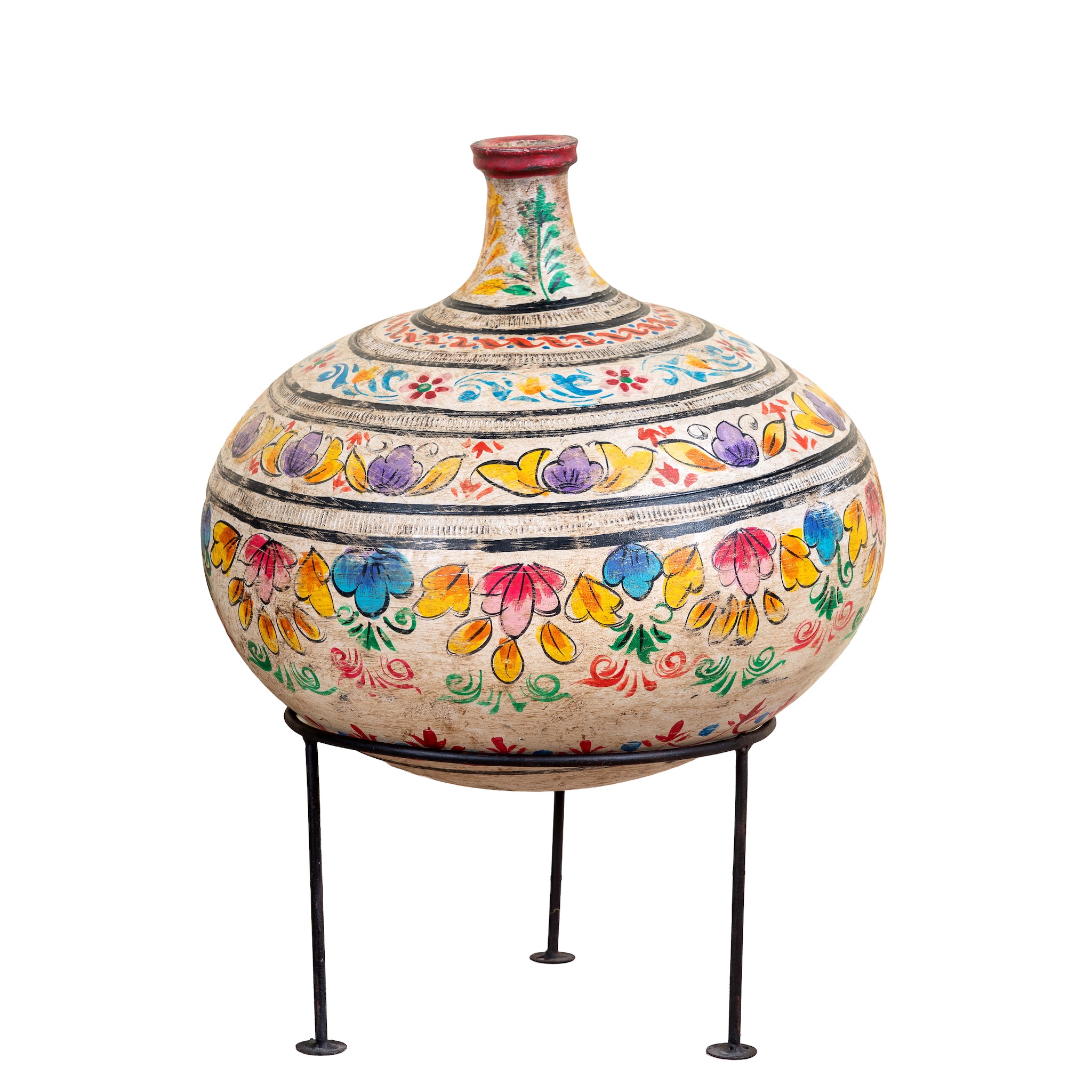 White background image of a hand-painted clay vase with colourful floral motifs, rounded body, narrow neck and iron stand, handcrafted decorative vase, 40cm.