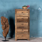 Tall bathroom cabinet made from reclaimed wood with six drawers and rustic finish, 50 × 35 × 110 cm.