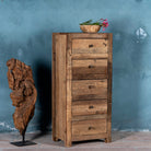 Side view image of a tall bathroom cabinet made from reclaimed wood with six drawers and rustic finish, 50 × 35 × 110 cm.