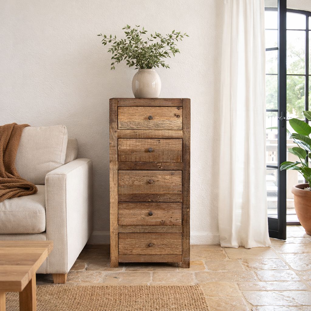 Lifestyle image of a tall dark wood cabinet made from reclaimed wood with six drawers and rustic finish, 50 × 35 × 110cm.