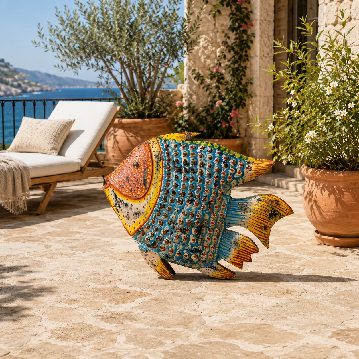 Lifestyle image of a Saatvik hand painted freestanding metal fish sculpture with vibrant blue, orange and yellow detailing, handcrafted decorative home accessory, 107x15x80cm.