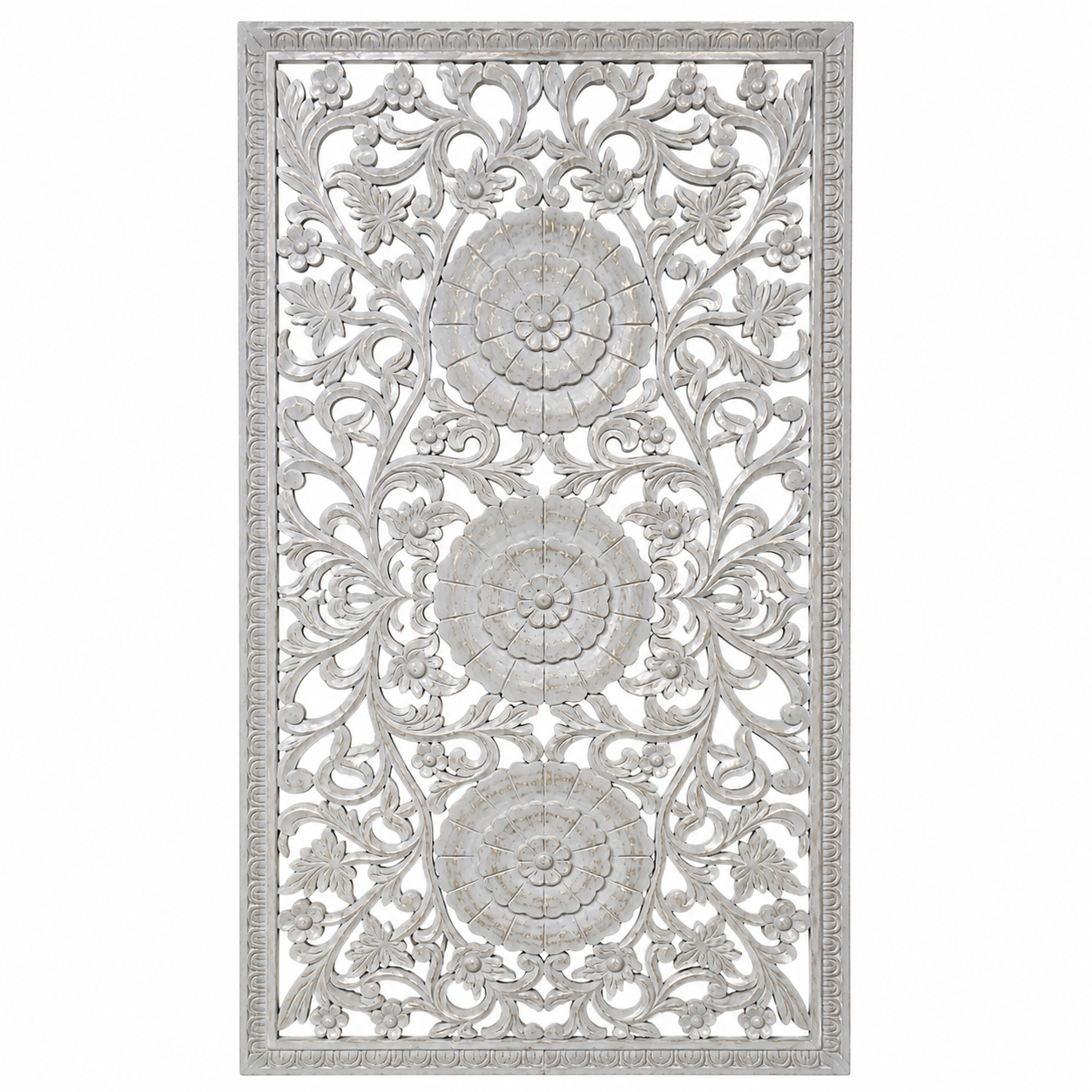 Hand-carved light grey mango wood wall panel with intricate floral openwork detailing, designed as elegant vertical wall décor with timeless artisan character.