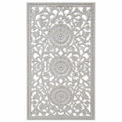 Hand-carved light grey mango wood wall panel with intricate floral openwork detailing, designed as elegant vertical wall décor with timeless artisan character.