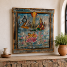 Lifestyle image of a sacred Lotus antique reclaimed wood mirror with hand-painted Hindu artwork on an authentic reclaimed vintage wooden mirror frame, 50x50x5cm.