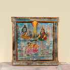 Sacred Lotus antique reclaimed wood mirror with hand-painted Hindu artwork on an authentic reclaimed vintage wooden mirror frame, 50x50x5cm.