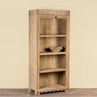 Side angle image of a Sagar hand carved reclaimed teak wood shelving made with an old teak door frame and four open compartments 180cm