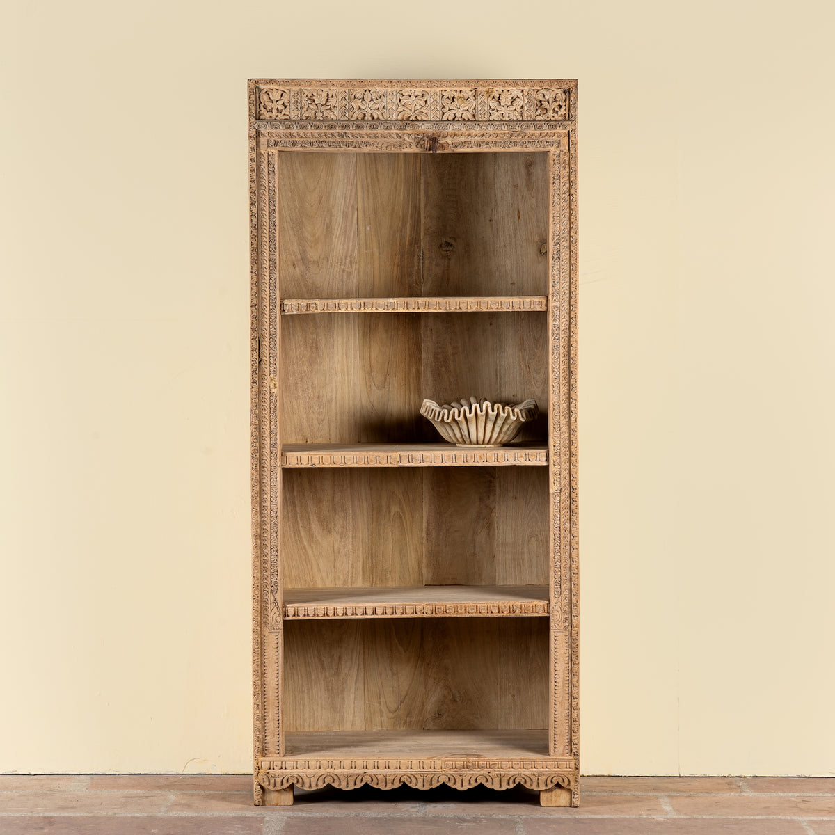Sagar hand carved reclaimed teak wood shelving made with an old teak door frame and four open compartments 180cm
