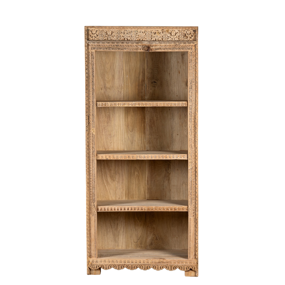 White background image of a Sagar Hand carved reclaimed teak wood shelving made with an old teak door frame and four open compartments 180cm