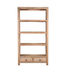 White background image of a Sahadev wide mango wood shelving unit with open shelves and two drawers 190cm