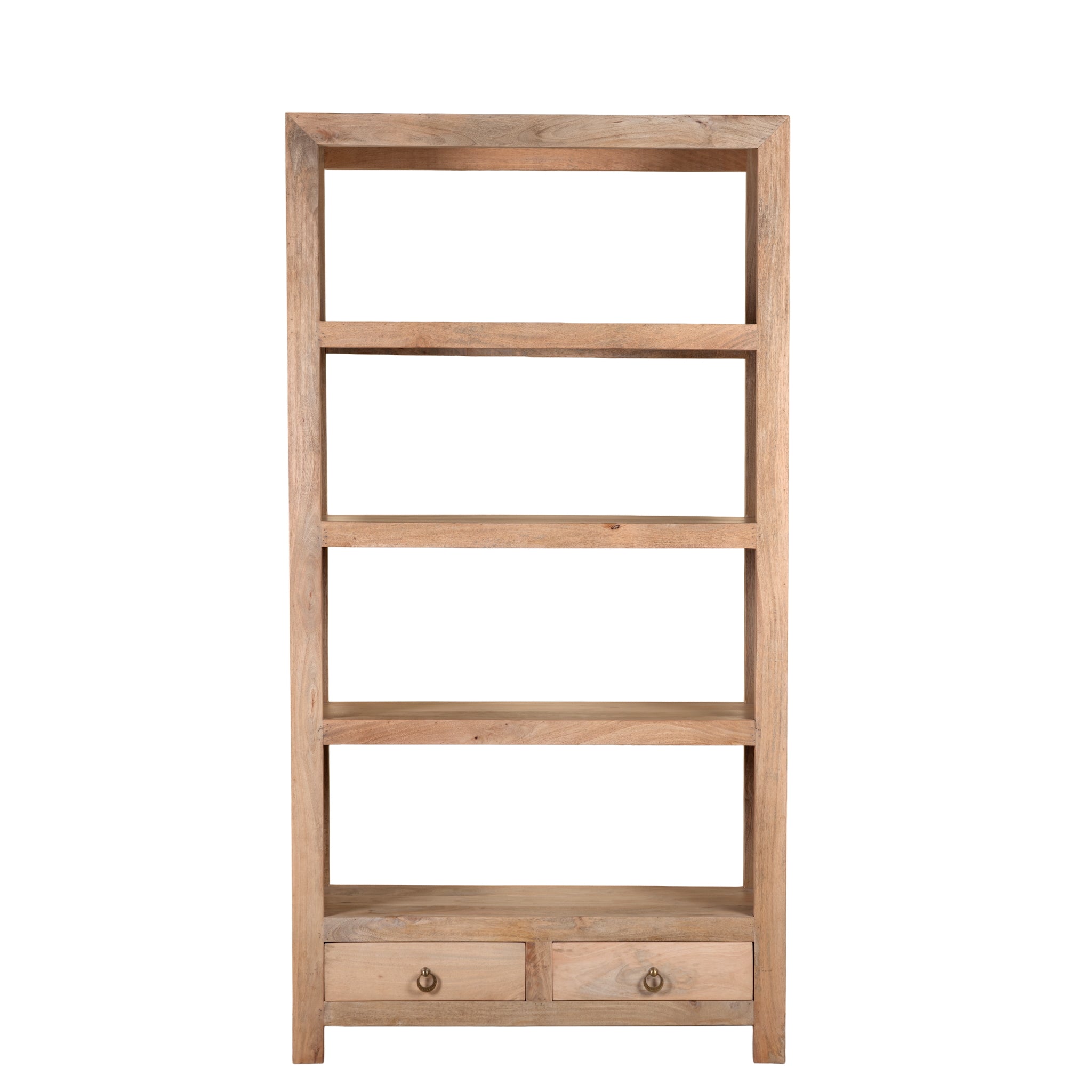 White background image of a Sahadev wide mango wood shelving unit with open shelves and two drawers 190cm
