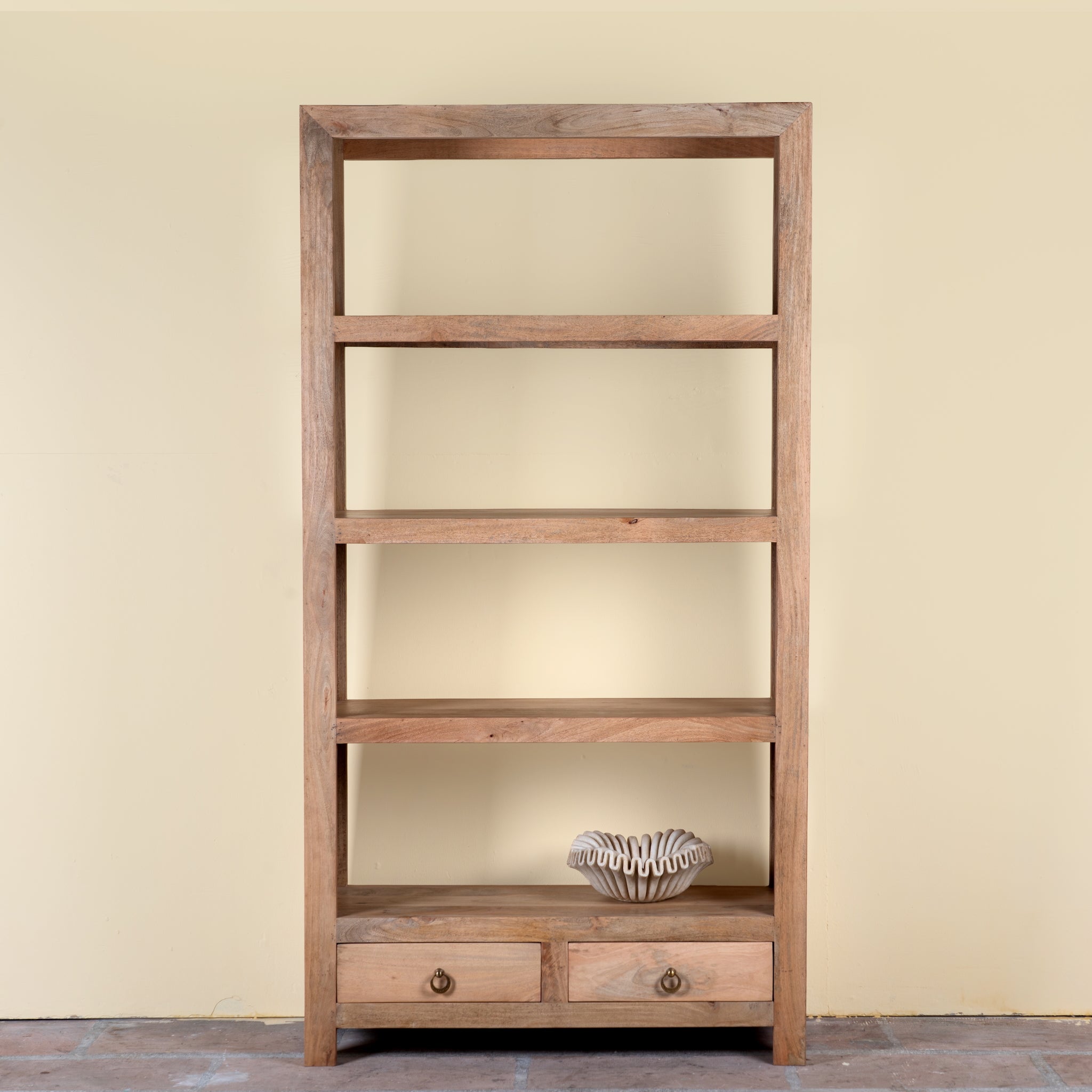 Sahadev wide mango wood shelving unit with open shelves and two drawers 190cm