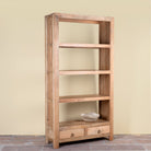 Sahadev wide mango wood shelving unit with open shelves and two drawers 190cm
