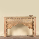 Saiyan reclaimed teak wood console table with hand-carved old Indian house elements and architectural front 140cm