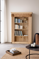 lifestyle image of a handcrafted shelf with reclaimed teak wood frame and mango wood body – unique Indian furniture with carved detailing and rustic teak wood finish.