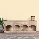 Carved console table made of sandblasted mango wood with four drawers and hand-carved front; vintage entryway table, 200 × 40 × 71 cm.