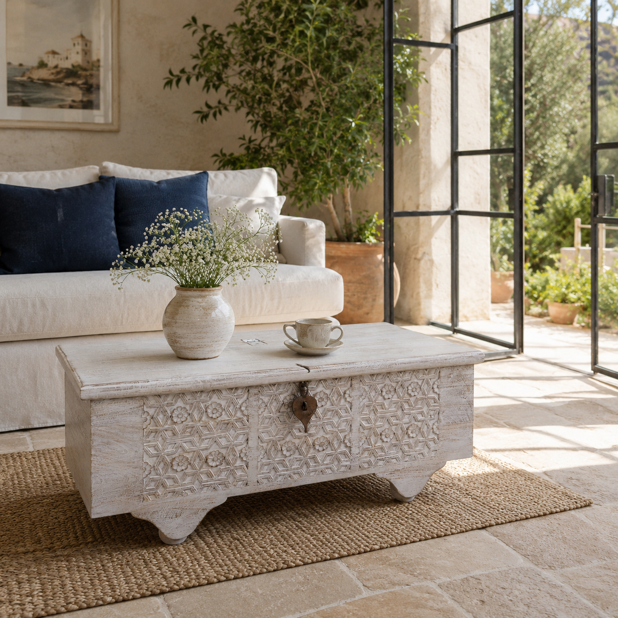 Lifestyle image of a Samay mango wood storage chest coffee table with carved geometric front, iron fittings, wooden wheels and distressed finish 120cm