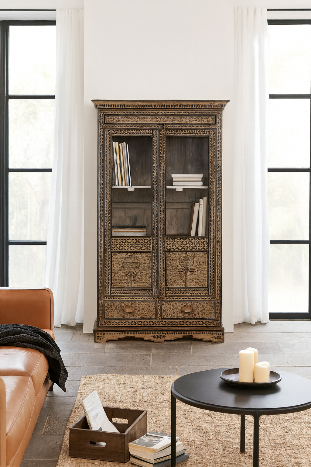 Lifestyle image of a hand-painted display cabinet made from recycled wood with glass doors – sustainable furniture featuring Sanskrit motifs and traditional Indian craftsmanship.