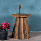 Front image of a sustainable driftwood coffee table with conical base, handcrafted from reclaimed wood with rustic minimalism, 45 × 54 cm.