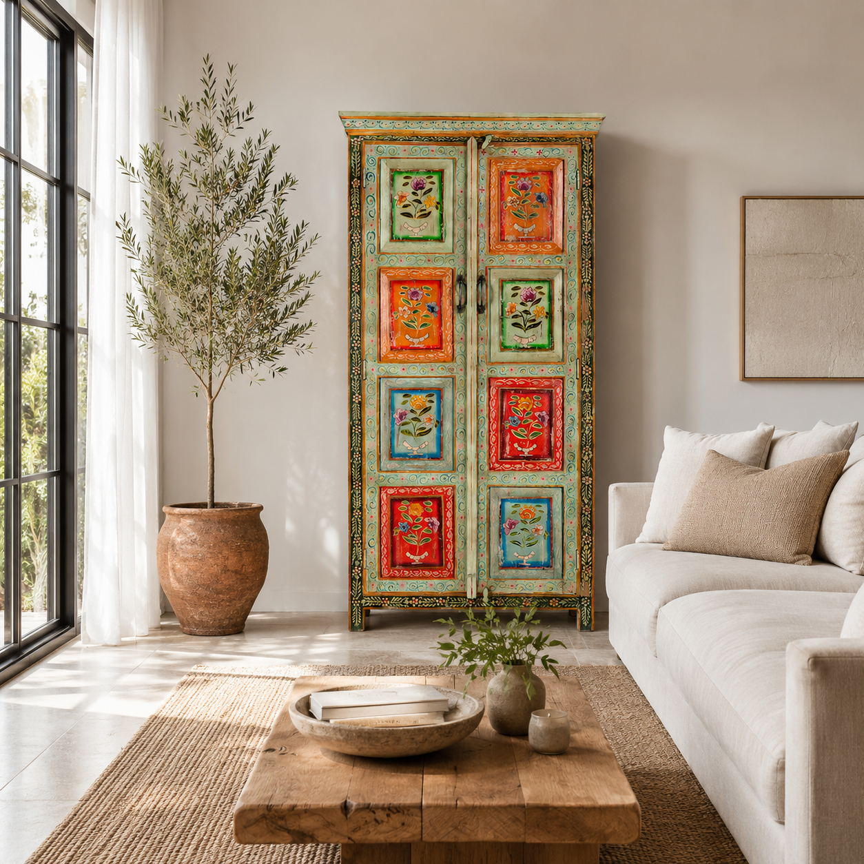 Lifestyle image of a hand-painted sustainable teak wood cabinet with floral motifs – Sangrur by Om Home & Garden, a one-of-a-kind piece of sustainable furniture with artistic expression.