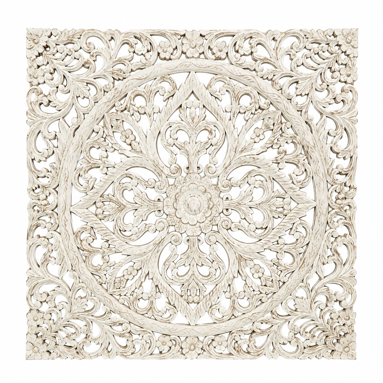 Whitewashed hand-carved mango wood wall panel with intricate floral and ornamental engravings, designed as elegant wall décor or a decorative bed panel.