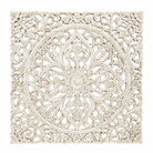 Whitewashed hand-carved mango wood wall panel with intricate floral and ornamental engravings, designed as elegant wall décor or a decorative bed panel.