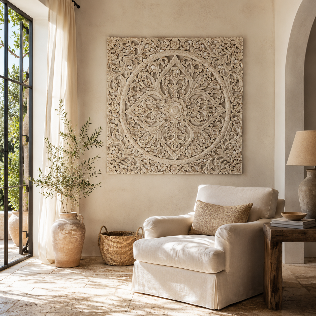 Lifestyle image of a whitewashed hand-carved mango wood wall panel with intricate floral and ornamental engravings, designed as elegant wall décor or a decorative bed panel.
