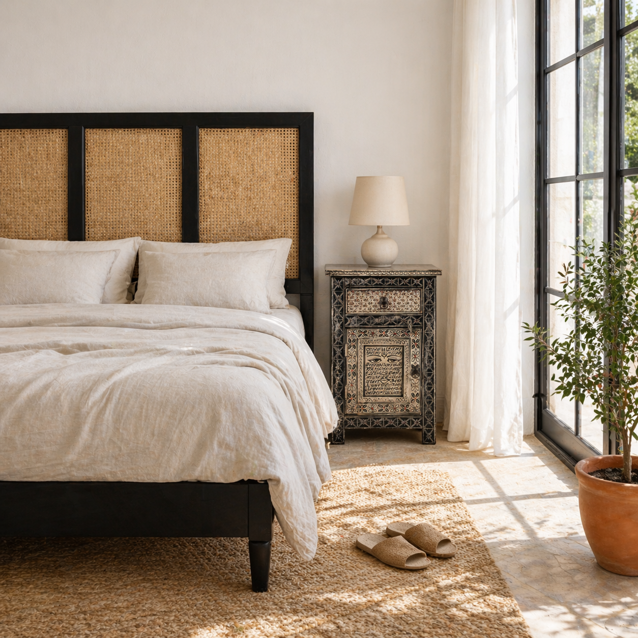 Lifestyle image of a hand painted Sanskrit bedside table, reclaimed wood design inspired by traditional cupboards; sustainable furniture, 45 × 35 × 70 cm.