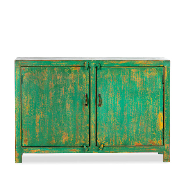 White background image of a handcrafted sideboard made from reclaimed teak and recycled wood, hand-painted in green – sustainable furniture with artistic character.