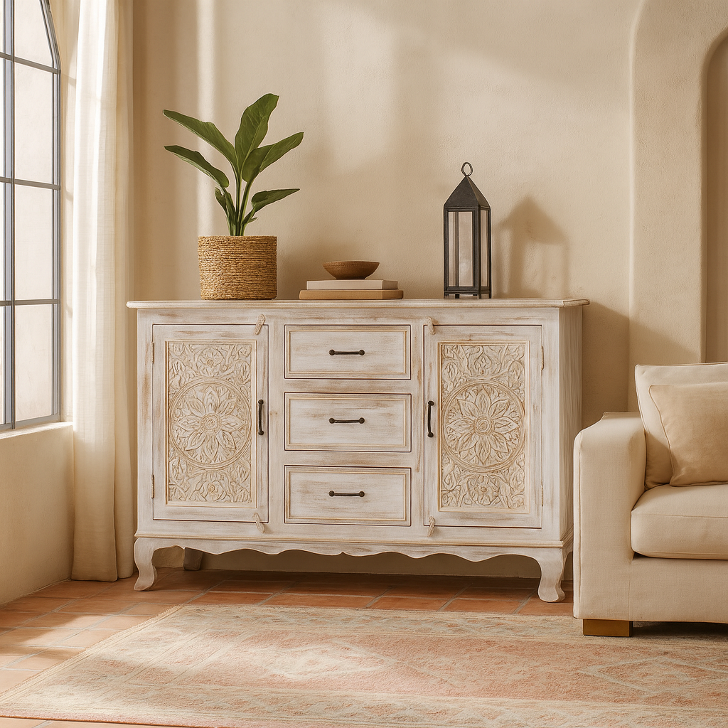 Mediterranean-style carved sideboard in solid mango wood with floral motifs and elegant legs; ideal for vintage home decor, 150 × 90 × 40 cm.