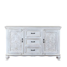 White background image of a mediterranean-style carved sideboard in solid mango wood with floral motifs and elegant legs; ideal for vintage home decor, 150 × 90 × 40 cm.