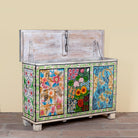 Side angle image with open lid of a Sarina hand painted reclaimed wood storage chest with traditional Indian artwork 120cm