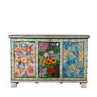White background image of a Sarina hand painted reclaimed wood storage chest with traditional Indian artwork 120cm